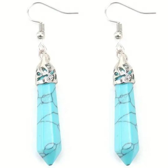 Hexagon Point Blue Howlite Natural Stone Dangle Earrings - Picture 1 of 2